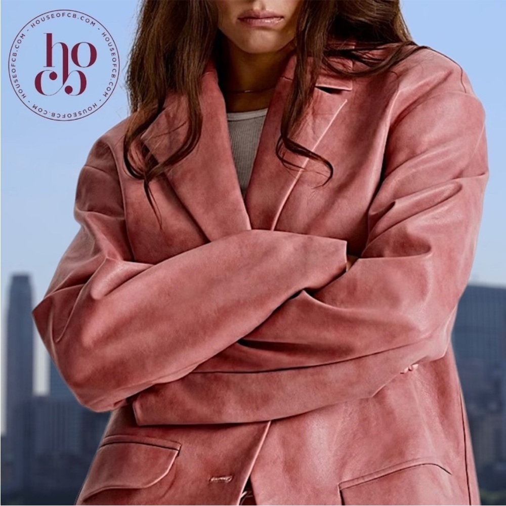 House of CB Womens Kiera Oversize Faux Leather Jacket Size Large Pink NWT - Picture 12 of 16